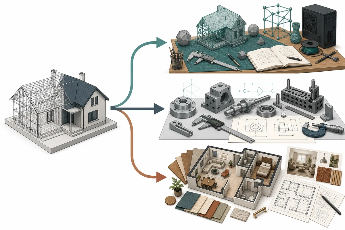 Editorial flow diagram showing a house model branching into open-source modeling, precision CAD and interior planning
