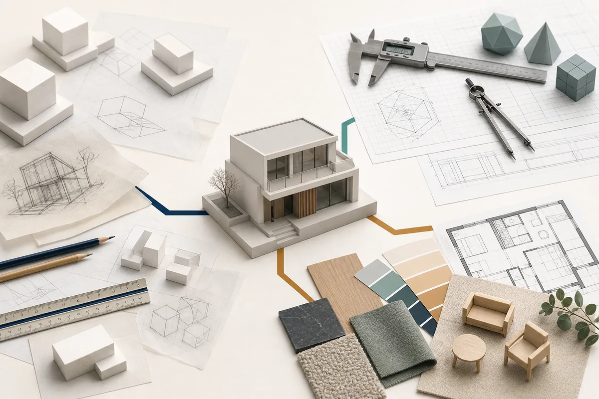 Editorial illustration of a building model branching into architectural sketching, precision CAD and interior design workflows