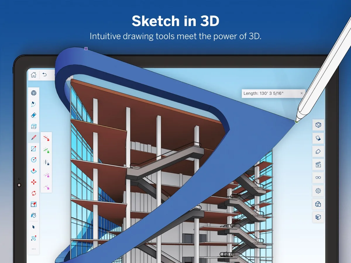 Official SketchUp for iPad App Store screenshot showing a 3D model and Apple Pencil tools