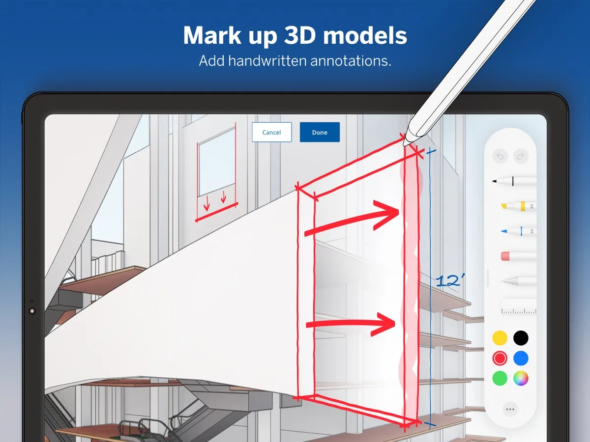 Official SketchUp for iPad App Store screenshot showing handwritten 3D model markup with Apple Pencil