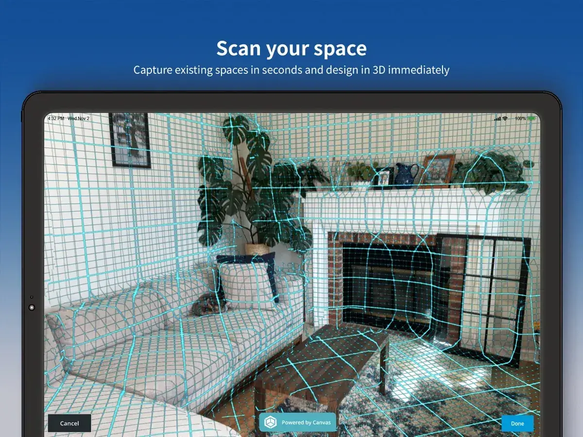 Official SketchUp for iPad App Store screenshot showing a room scan and 3D capture grid