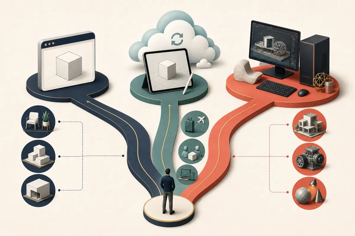 Editorial decision map showing browser, tablet and desktop modeling paths