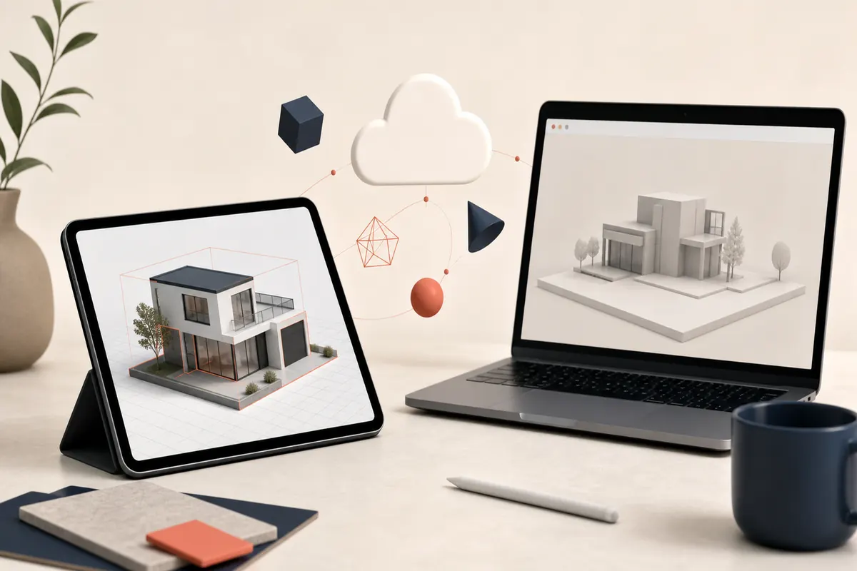 Editorial illustration of a 3D model moving between a tablet and a browser laptop