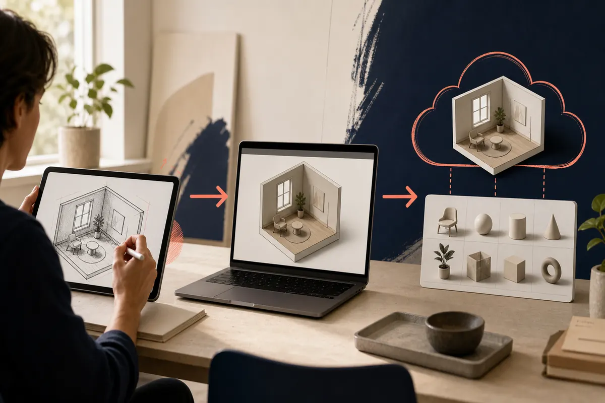 Editorial illustration of a room model moving from an iPad sketch to a browser and shared cloud workspace