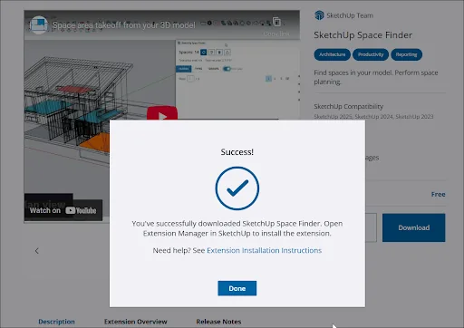 Official Extension Warehouse success message directing the user to install an extension