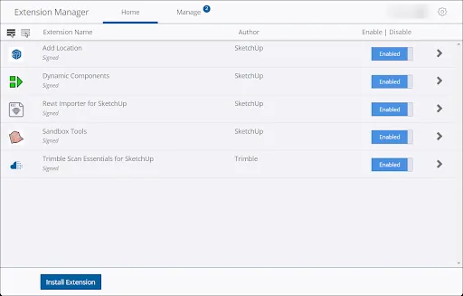 Official SketchUp Extension Manager home screen with installed extensions