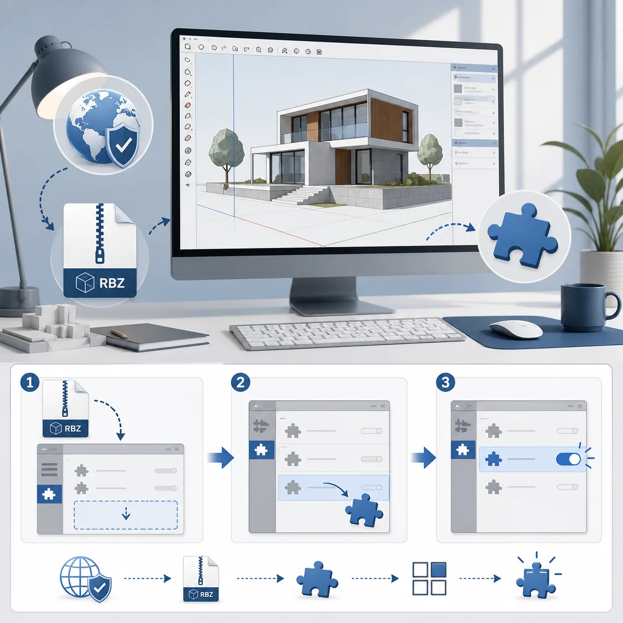 Unofficial SketchUp plugin installation workflow illustration showing an RBZ file, Extension Manager and the enabled state